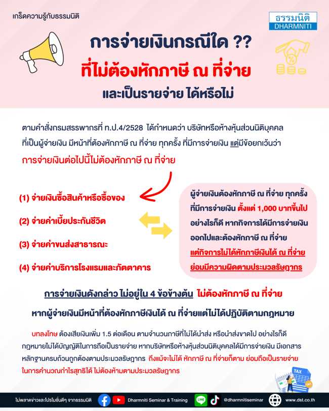 การจ่ายเงินกรณีใด ที่ไม่ต้องหักภาษี ณ ที่จ่าย และเป็นรายจ่าย ได้หรือไม่